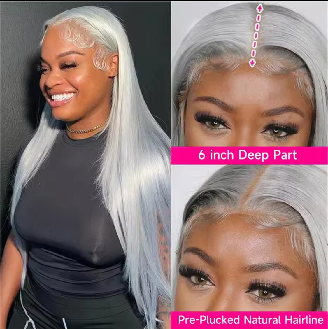 13x6 Silver Grey Straight Lace Front Human Hair Wigs Plucked